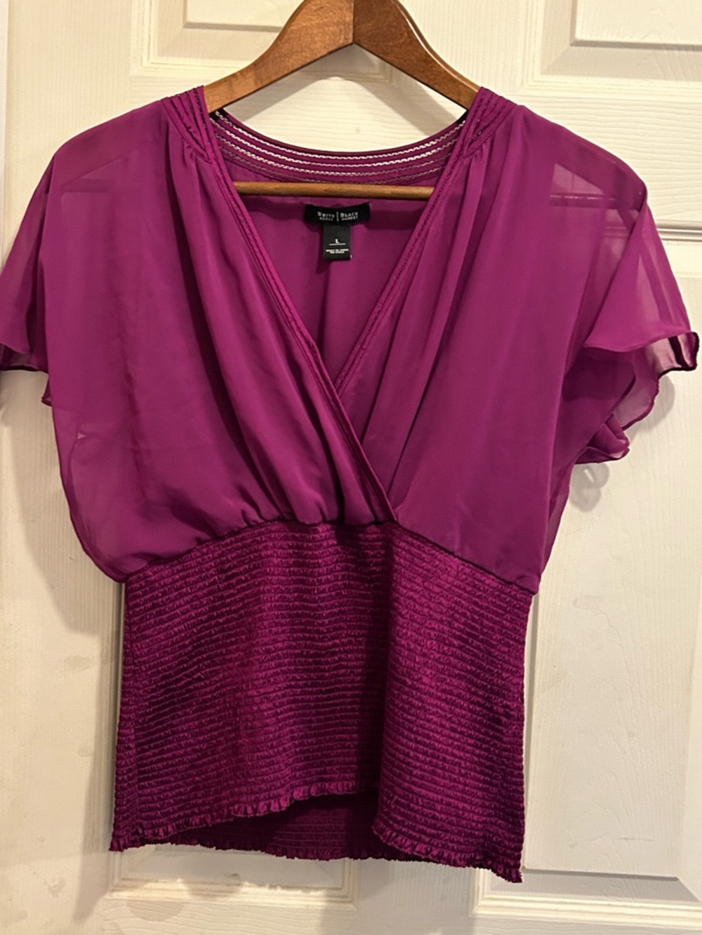 White House Black Market sheer  purple Blouse with Shirred waist - size L